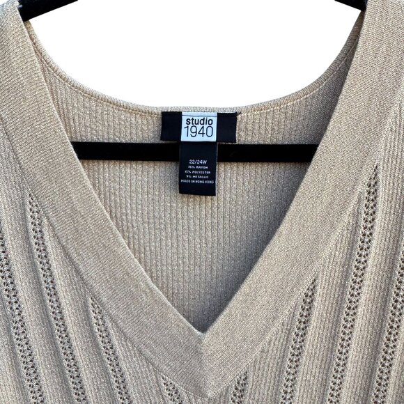 Studio 1940 Womens Beige Gold Metallic Open Knit Deep V-Neck Sweater 22/24W - Picture 5 of 10